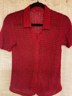 Crochet Cottagecore Y2K BoHo Pink Open Knit Button Down Shirt Size S